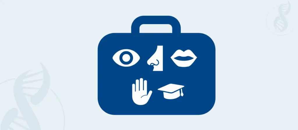 Grafik von Koffer mit folgenden Iconsdarauf: Auge, Nase; Mund, Hand und Doktorhut