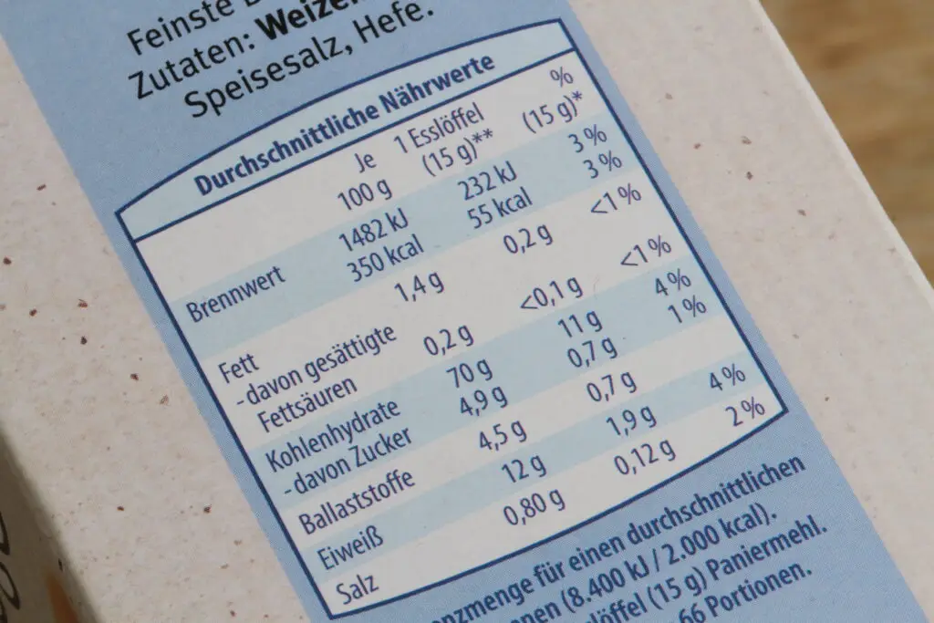 Eine Nahaufnahme einer deutschen Nährwerttabelle auf einer Lebensmittelverpackung mit Angaben zu Brennwert, Fett, Kohlenhydraten, Ballaststoffen, Eiweiß und Salz pro 100 g und pro Esslöffel (15 g).