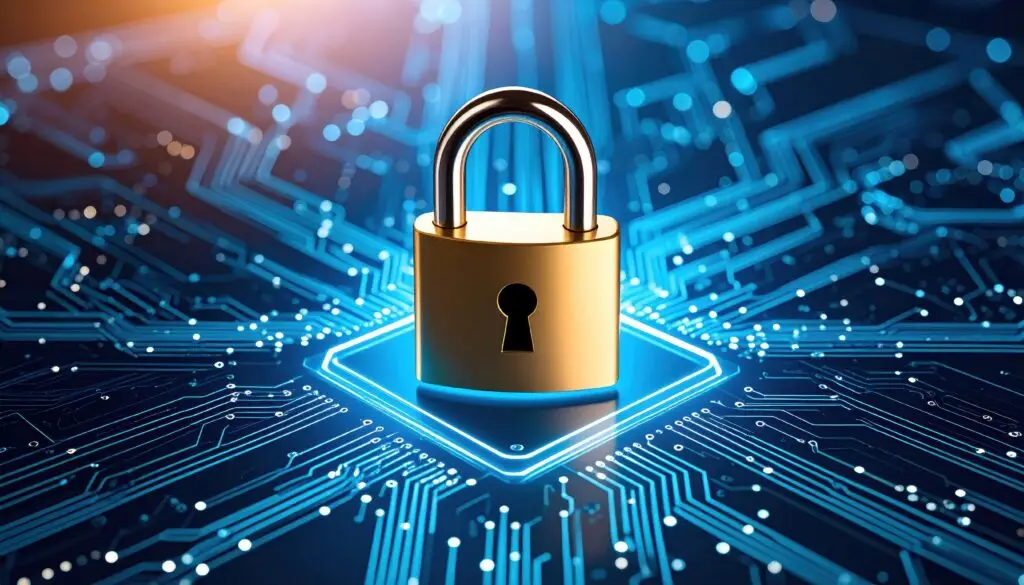 A padlock on a digital circuit board representing cybersecurity, data protection, and secure technology.