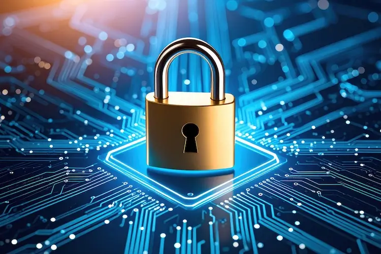 A padlock on a digital circuit board representing cybersecurity, data protection, and secure technology.